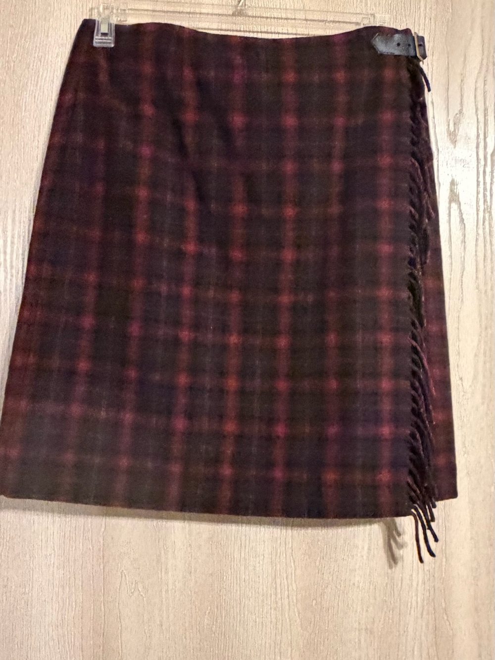 Vintage Eddie Bauer Plaid Wool-Blend Tartan Wrap Skirt in Dark Red With Fringe